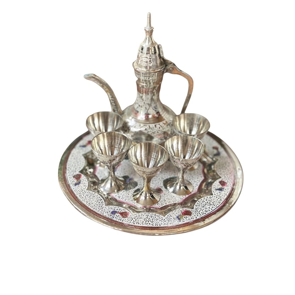 VTG Turkish Mini Tea Coffee Set Silver Dallah Pitcher 5 Cups Tray Etched Enamel